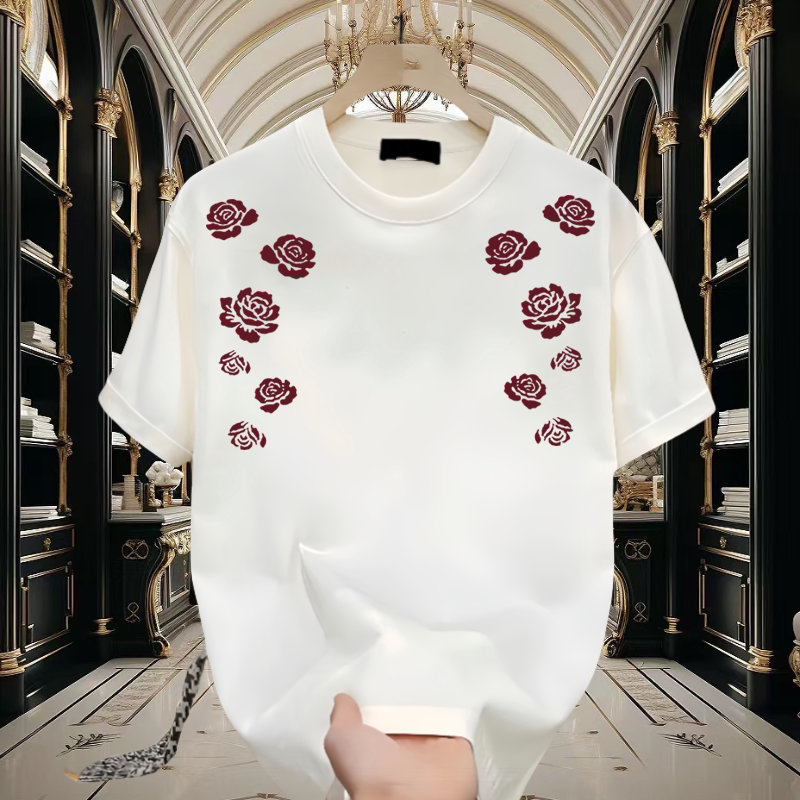 日系潮牌痞帅玫瑰花印花短袖T恤男女夏季街头设计感宽松圆领上衣