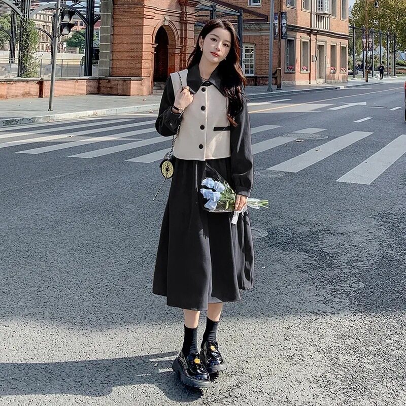 长袖衬衫连衣裙女套装2025秋冬新款设计感马甲洋气时髦长裙两件套