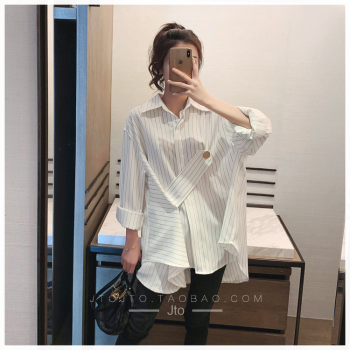 2024 PREGNANT WOMENS AUTUMN CLOTHES KOREAN VERSION STRIPED SHIRT WOMENS DESIGN SENSE NEW LOOSE MID-LENGTH IRREGULAR FOREIGN SHIRT