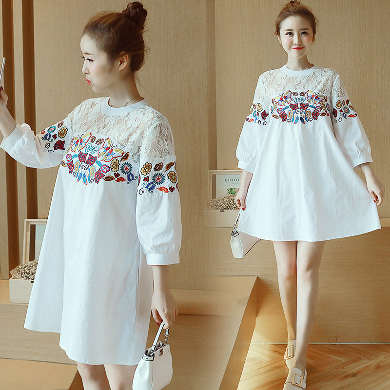 2024 MATERNITY SUMMER CLOTHES EMBROIDERED SHIRT CROPPED SLEEVE KOREAN VERSION DOLL PREGNANT WOMAN CASUAL COTTON SHIRT BASE LAYER