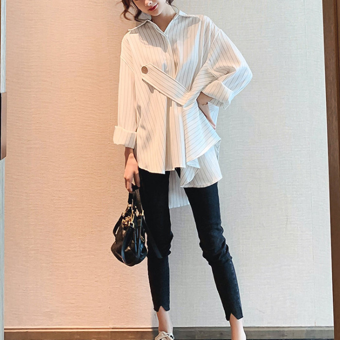 2024 PREGNANT WOMENS AUTUMN CLOTHES KOREAN VERSION STRIPED SHIRT WOMENS DESIGN SENSE NEW LOOSE MID-LENGTH IRREGULAR FOREIGN SHIRT