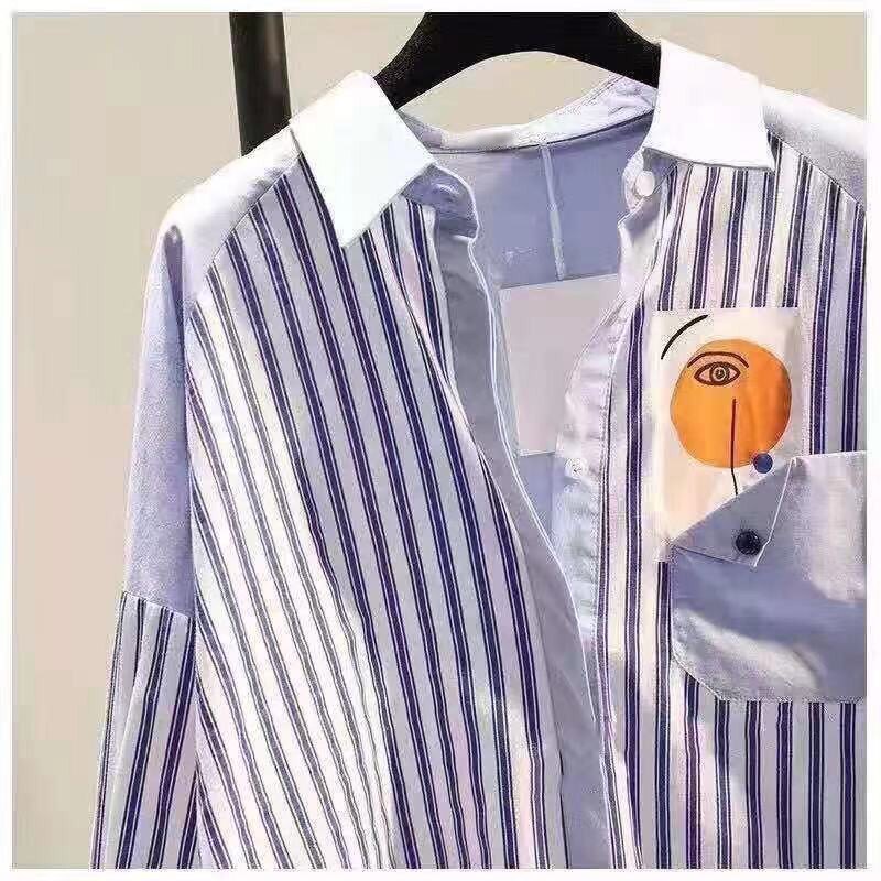 2024 MATERNITY SPRING WEAR KOREAN VERSION NEW MID LENGTH PRINTED STRIPE STITCHED SHIRT FASHION PLUS SIZE WOMENS SHIRT