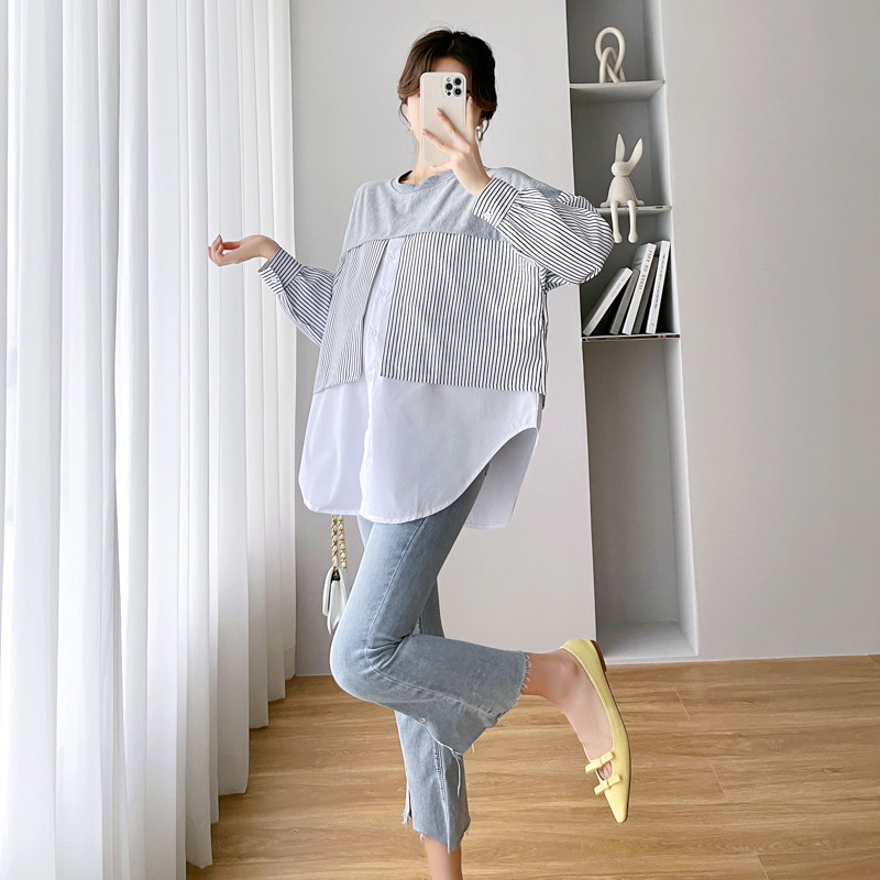 2024 MATERNITY TOP LOOSE SPRING AND AUTUMN KOREAN VERSION COTTON STITCHING LONG SLEEVE SWEATSHIRT T-SHIRT SHIRT LACTATION SHIRT