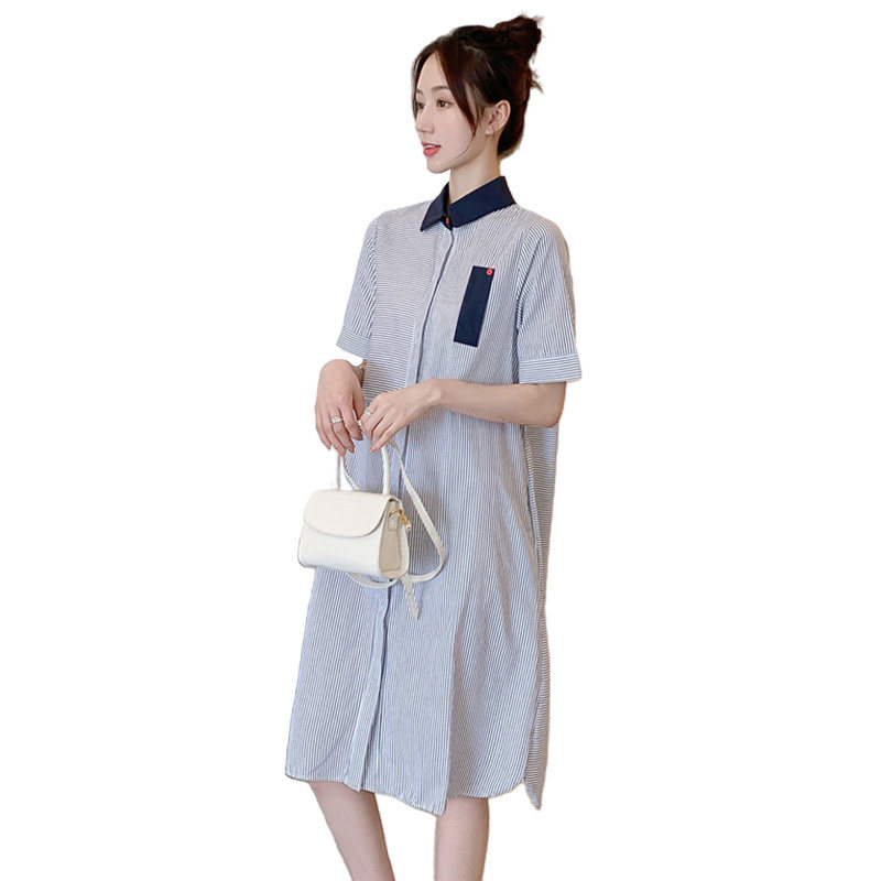 2024 MATERNITY SUMMER DRESS KOREAN VERSION NEW FASHION SHIRT TIDE MOM STRIPED LOOSE MIDI SHIRT DRESS TIDE