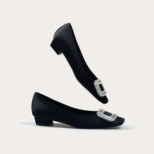 2.5CM水钻方扣粗跟单鞋中跟方头真丝绸缎高跟鞋女婚鞋真皮鞋底