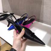 V口穆勒鞋 尖头细跟凉鞋 丝绸包头猫跟后绊带外穿拖鞋 新款 女23夏季