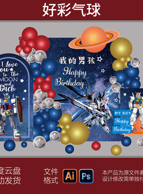 蓝色高达机器人宝宝生日宴满月百天周岁迎宾派对舞台背景设计素材