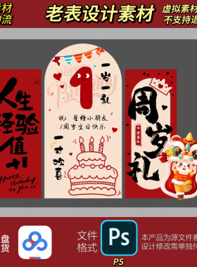 红色中式宝宝宴周岁宴生日宴布置背景板美陈设计素材PSD源文件