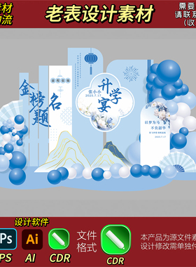 蓝色升学宴美陈装饰场景金榜题名高考毕业氛围布置kt板cdr素材