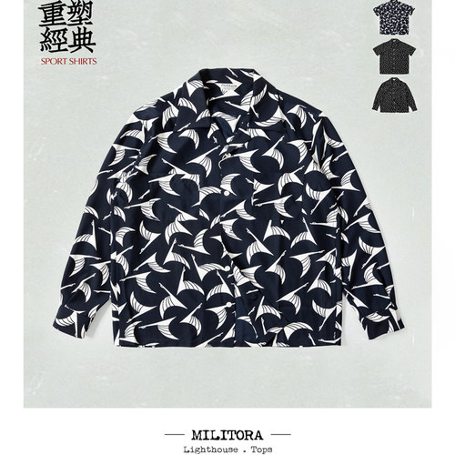 Militora220美式复古印花古巴领夏威夷沙滩度假风aloha花衬衫