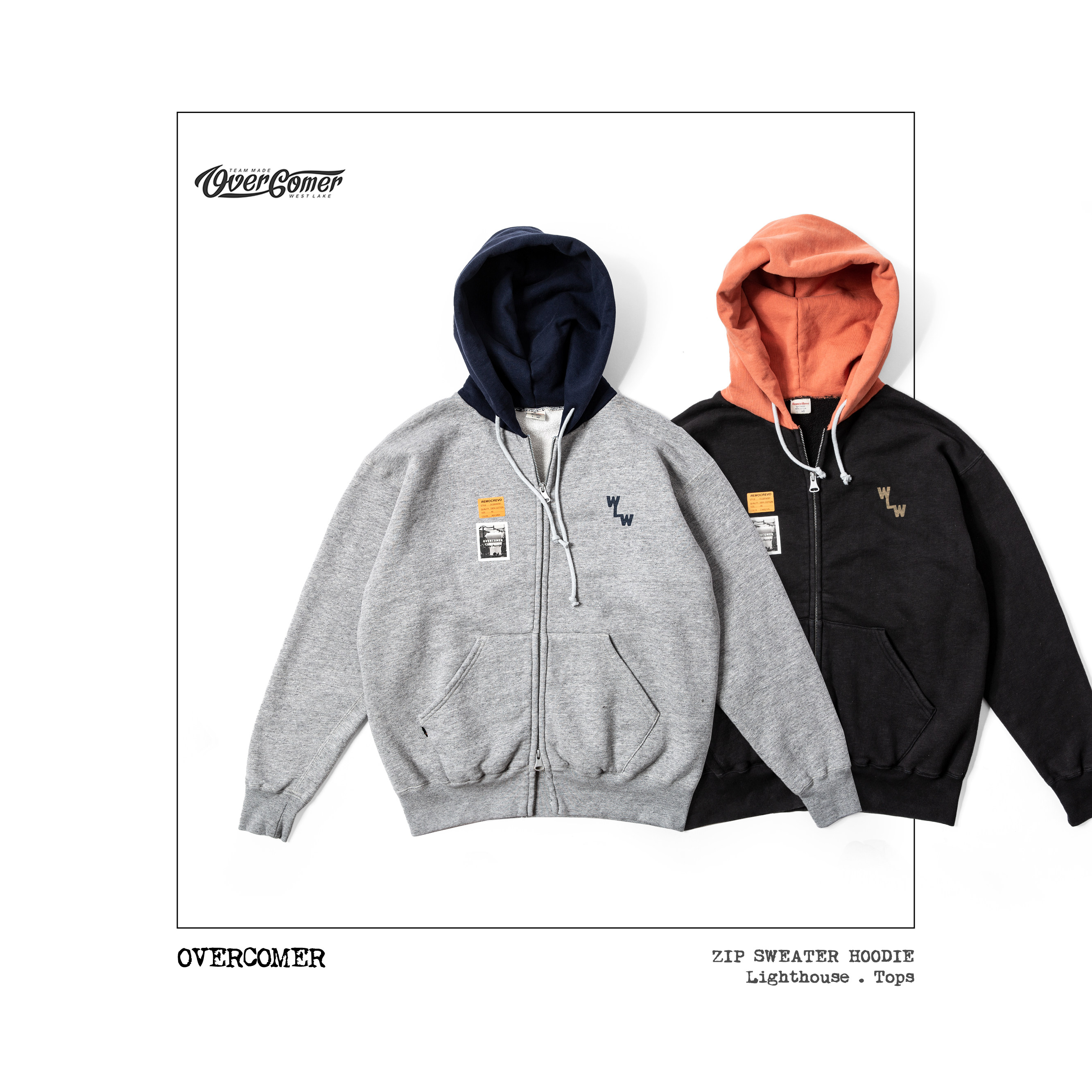 REMOCREVO Zip Sweater Hoodie双头拉链户外运动休闲拼色带帽卫衣