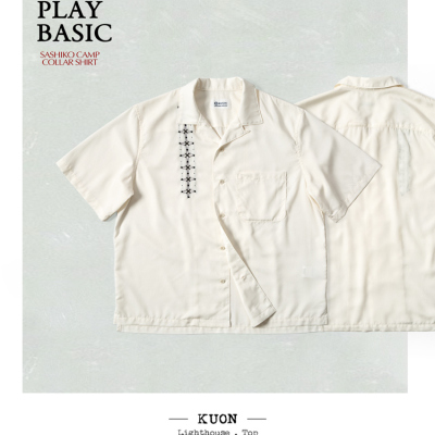 KUON传统民艺Sashiko刺子绣开领衬衫宽松轻凉舒适一夏115SH111800