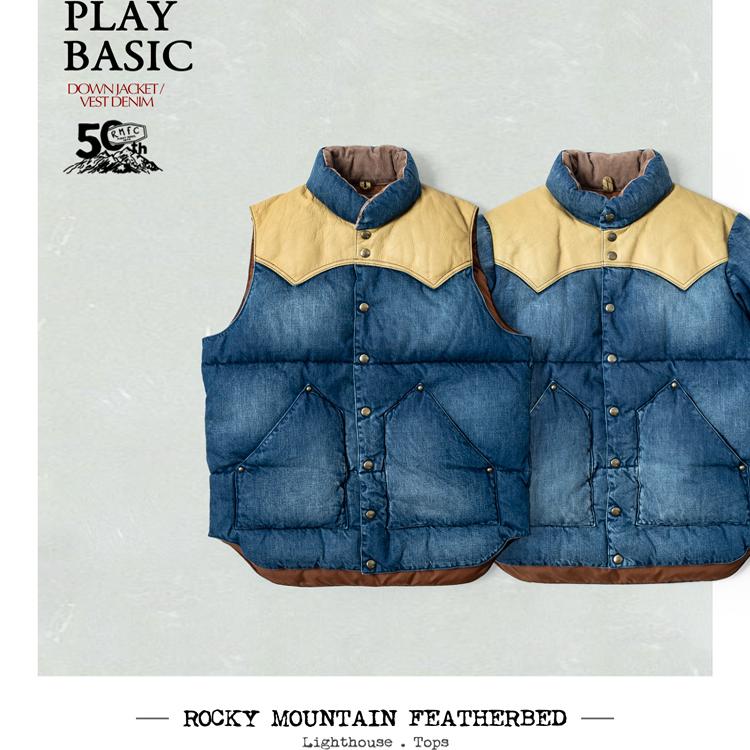 Rocky Mountain 50TH旧化丹宁羽绒马甲拼皮牛仔羽绒外套夹克图片