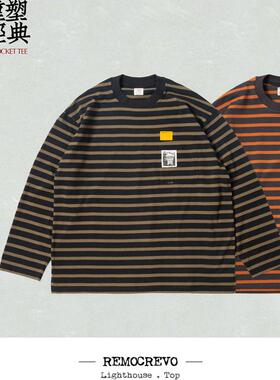 REMOCREVO 条纹长袖口袋Tee OCTS-302