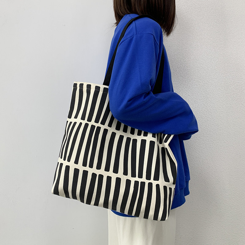 几何线条简约帆布包女单肩大容量学生上课装书拉链帆布袋托特包
