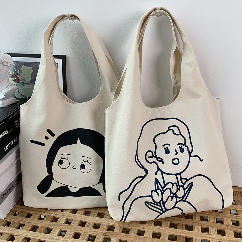 帆布书包单肩女韩版日系ins大容量学生上课慵懒风文艺手提购物袋