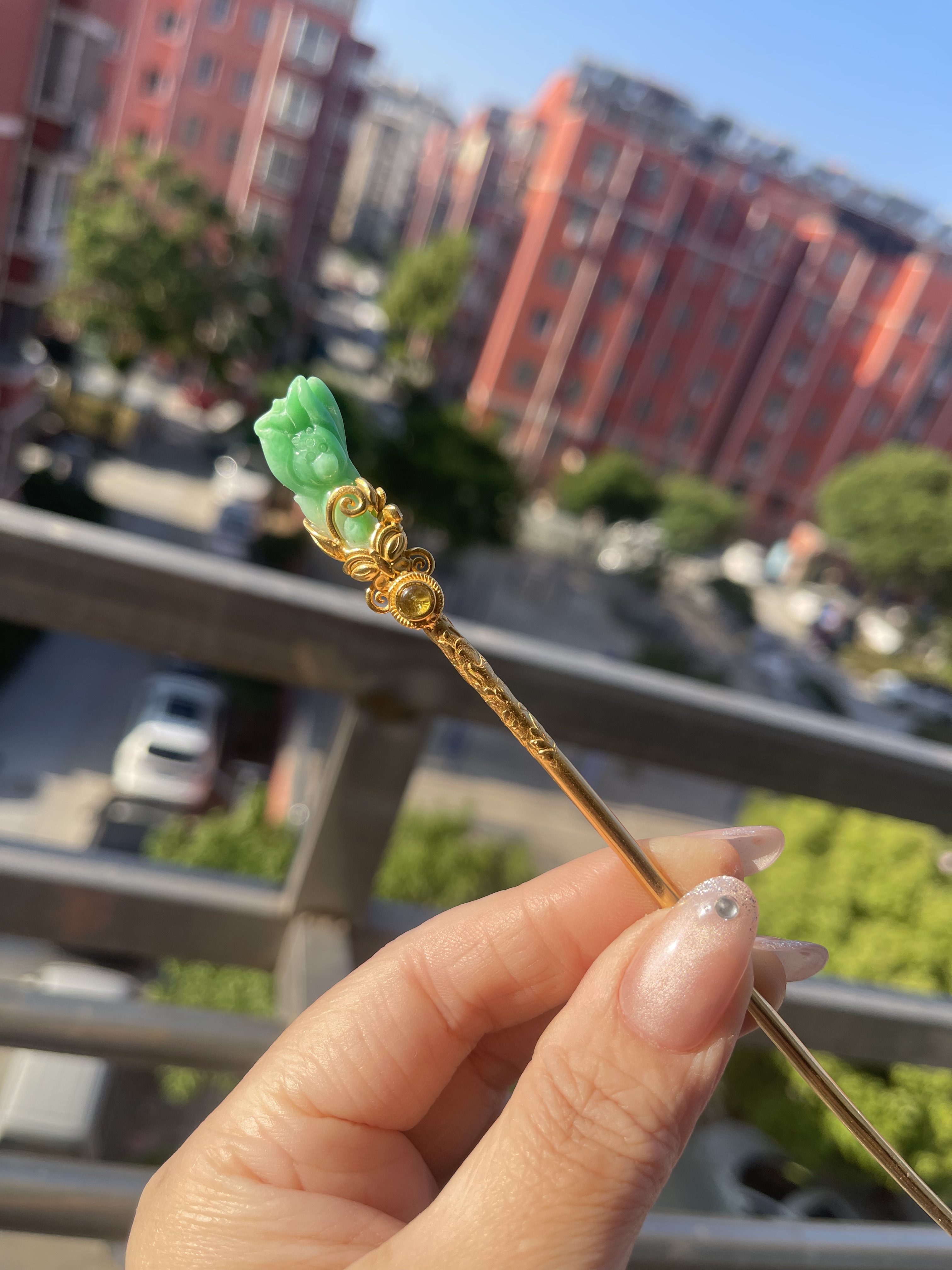 天然翡翠A货紫阳绿发簪925纯银镶嵌民族风台湾工宫廷复古发钗