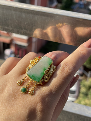 天然翡翠A货白底青无事牌戒指925银民族风宫廷款流苏指环