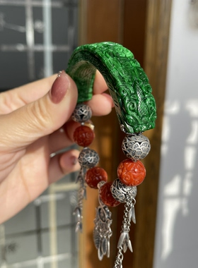 天然翡翠A货辣绿花青貔貅半镯925纯银民族风老银款宫廷流苏款