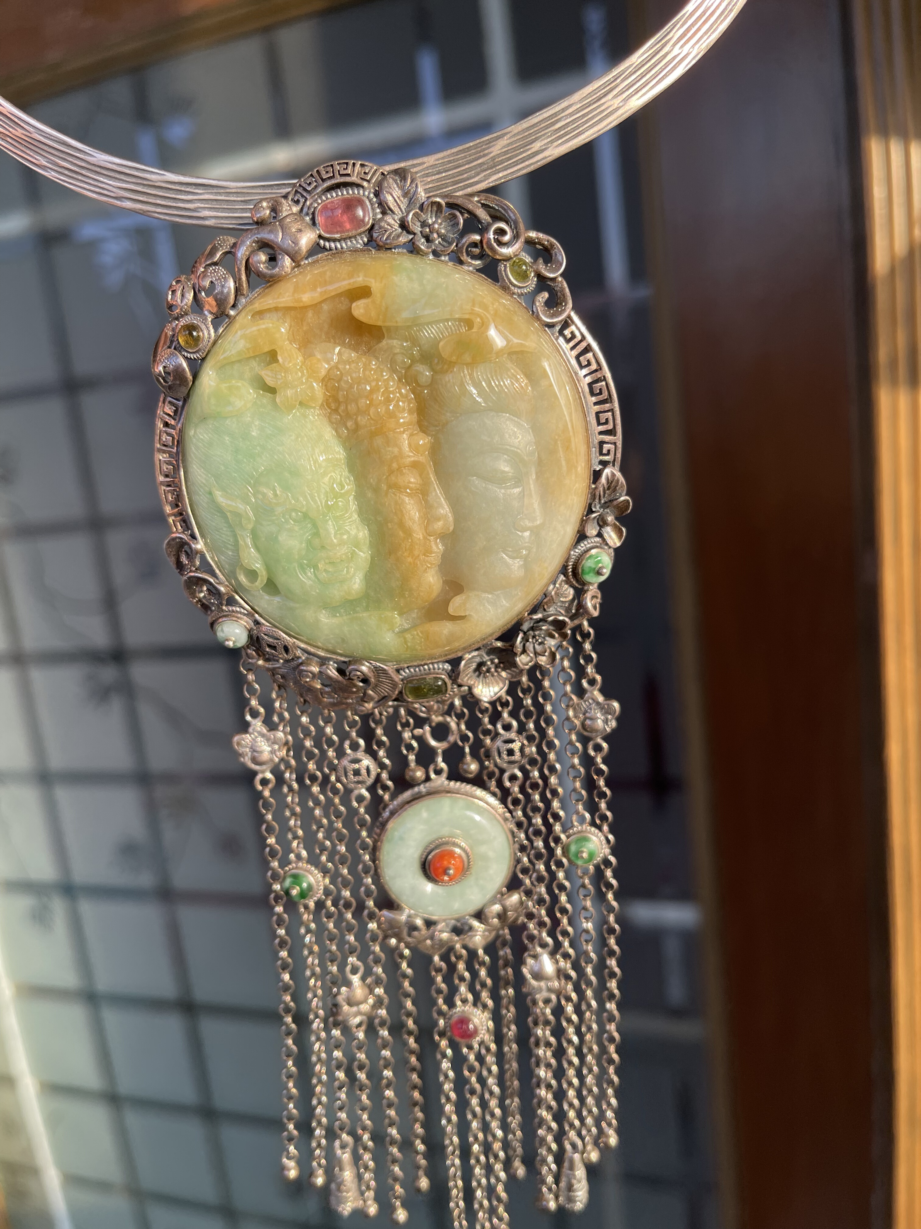 天然翡翠A货黄加绿一念之间观音佛魔圆牌吊坠民族风古法银