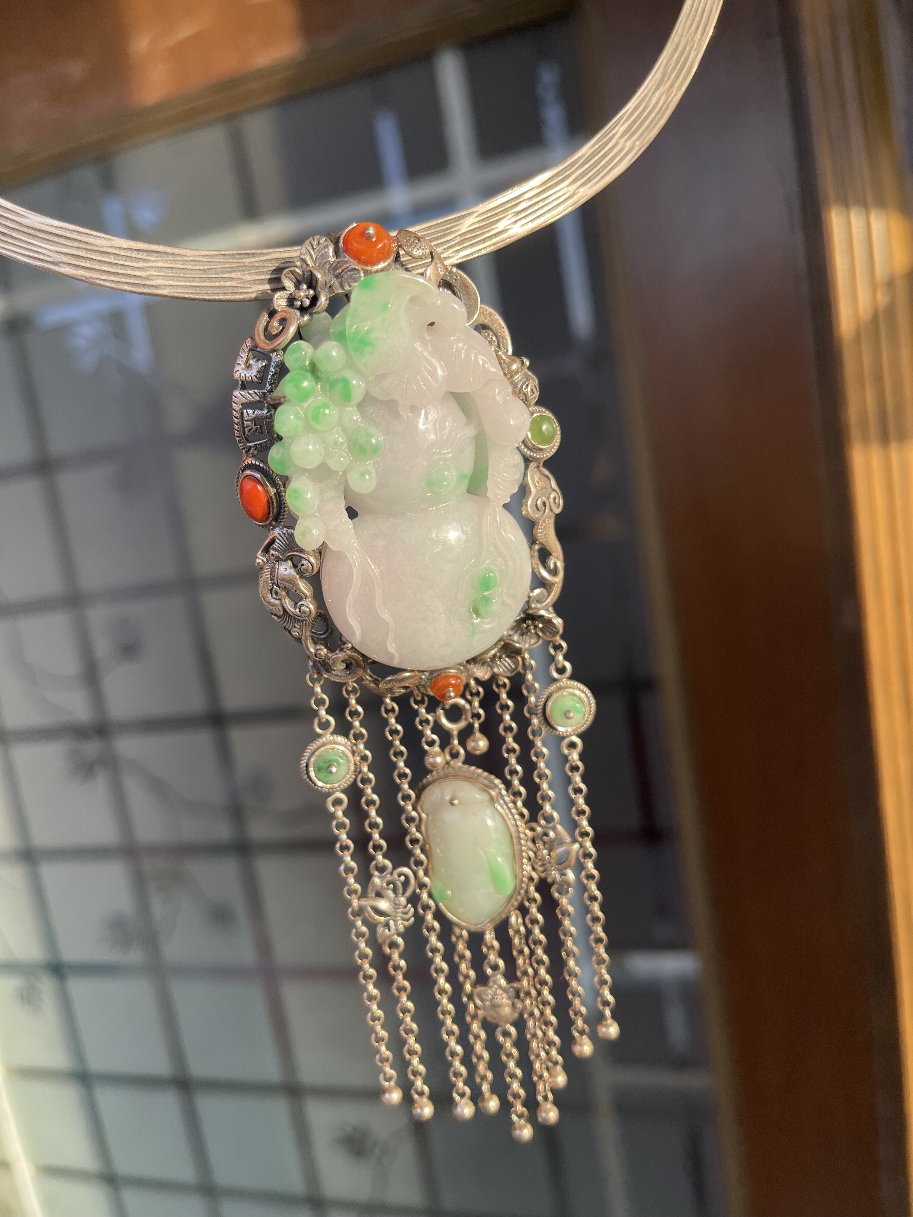 天然翡翠A货白底青葫芦吊坠台湾工925老银款民族风宫廷款流苏项坠