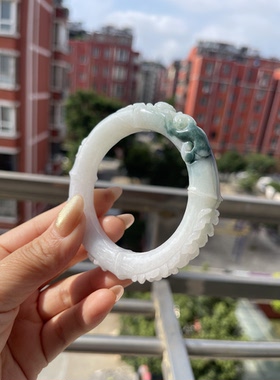 天然翡翠A货糯种飘蓝花竹节手镯圆条手环福镯梅花58圈口民族复古
