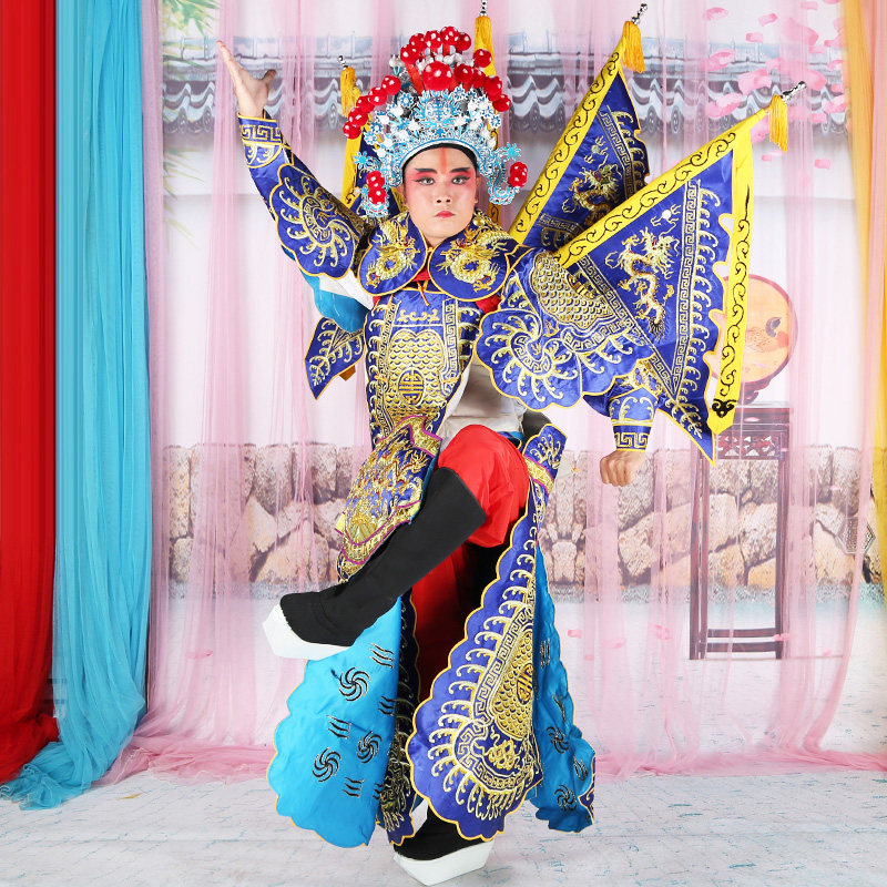 京剧戏曲男大靠服装旗戏剧武生武将军缎勾金男靠服装头饰演出用品