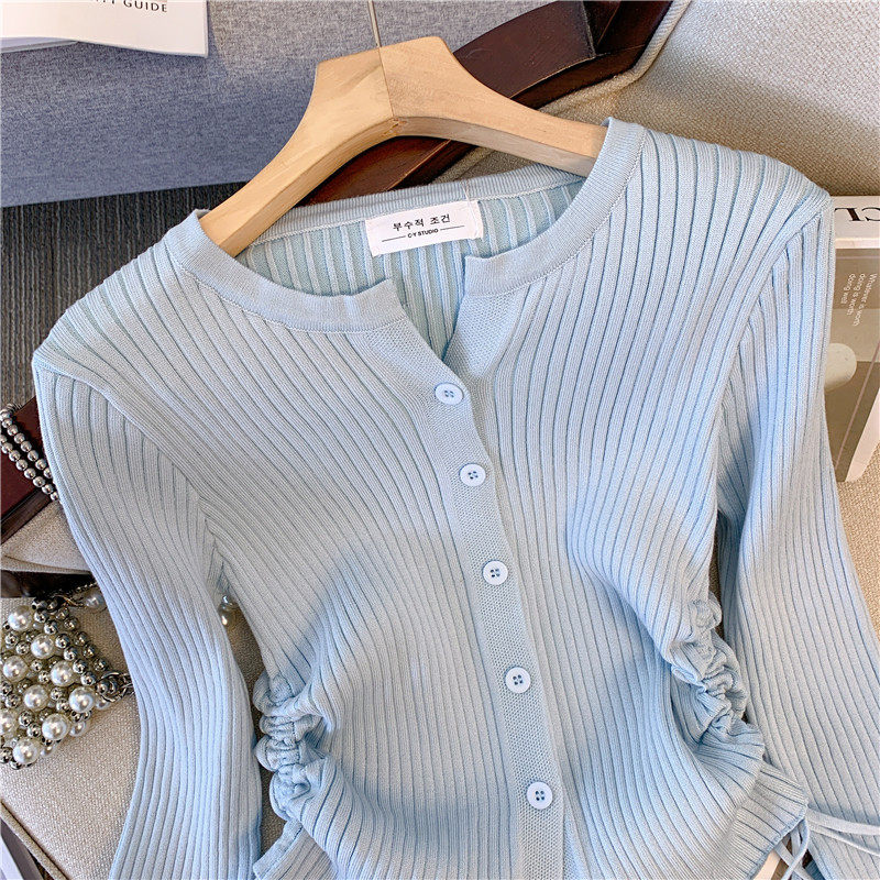 PURE DESIRE SWEET AND SPICY WIND DRAWSTRING LONG-SLEEVED KNITWEAR WOMENS AUTUMN SENSE OF LUXURY CHIC LAZY LITTLE MAN A TOP UNDER THE SHOULDER