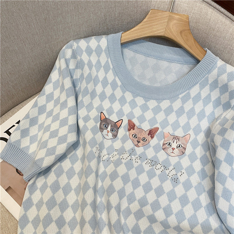 CLEARANCE PICK-UP COUNTER WITHDRAWAL WOMENS CHECKERBOARD SHORT-SLEEVED KNITWEAR DESIGN SENSE NICHE CHIC CROP TOP SUMMER