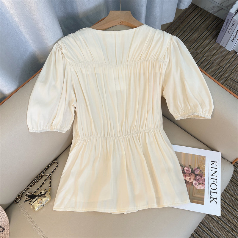 CLEARANCE PICK-UP COUNTER WITHDRAWAL WOMENS PLEATED WAIST PUFF SLEEVE SHIRT DESIGN SENSE CHIC BEAUTIFUL CHIFFON SHIRT