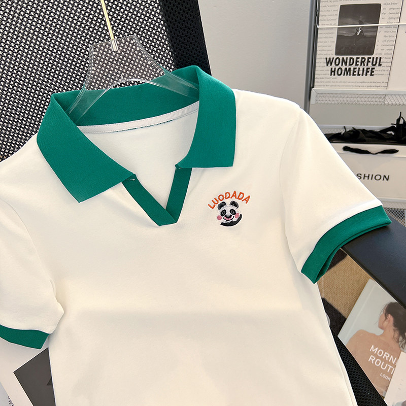 CLEARANCE PICK-UP COUNTER WITHDRAWAL WOMENS POLO COLLAR EMBROIDERY SHORT-SLEEVED T-SHIRT DESIGN SENSE NICHE UNIQUE CHIC TOP