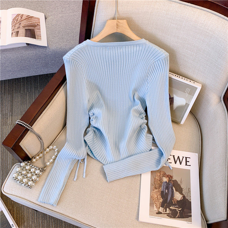 PURE DESIRE SWEET AND SPICY WIND DRAWSTRING LONG-SLEEVED KNITWEAR WOMENS AUTUMN SENSE OF LUXURY CHIC LAZY LITTLE MAN A TOP UNDER THE SHOULDER