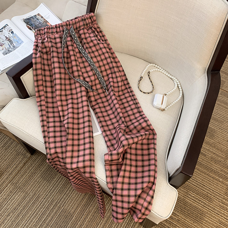 CLEARANCE PICK-UP COUNTERS WITHDRAW FOREIGN TRADE WOMENS CLOTHING BIG-NAME HIGH-WAISTED PLAID CASUAL STRAIGHT-LEG FLOOR-MOPPING WIDE-LEG PANTS