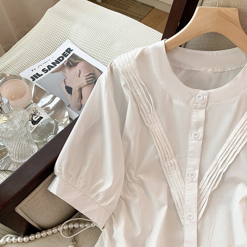 CLEARANCE PICKS UP BIG-BRAND FRENCH DIAGONAL DRAWSTRING WAIST SHIRT WOMENS SUMMER SHORT-SLEEVED TOP HIGH-QUALITY CHIC AND BEAUTIFUL SHIRT