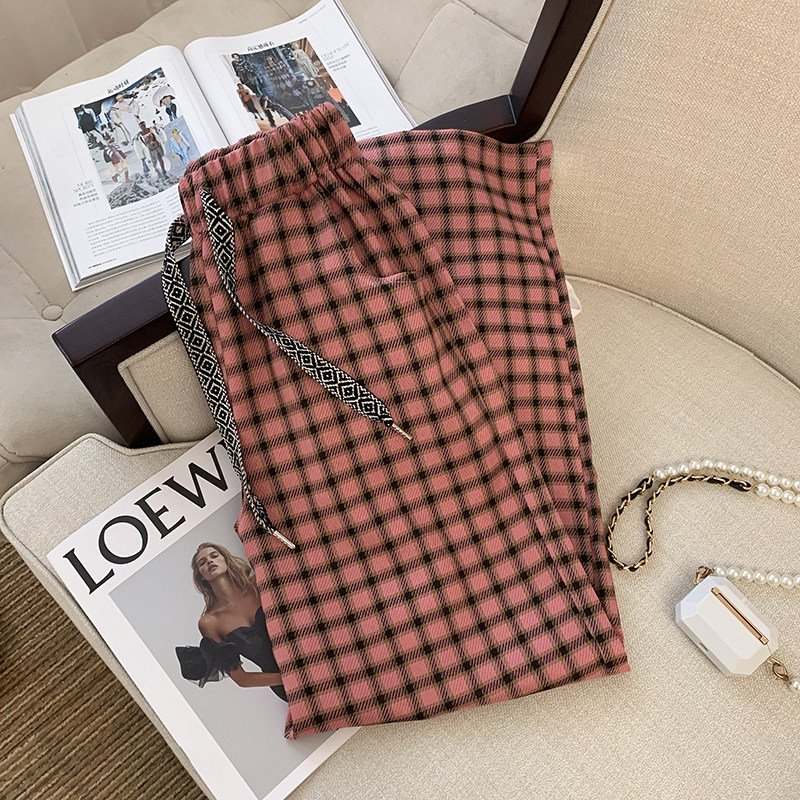 CLEARANCE PICK-UP COUNTERS WITHDRAW FOREIGN TRADE WOMENS CLOTHING BIG-NAME HIGH-WAISTED PLAID CASUAL STRAIGHT-LEG FLOOR-MOPPING WIDE-LEG PANTS