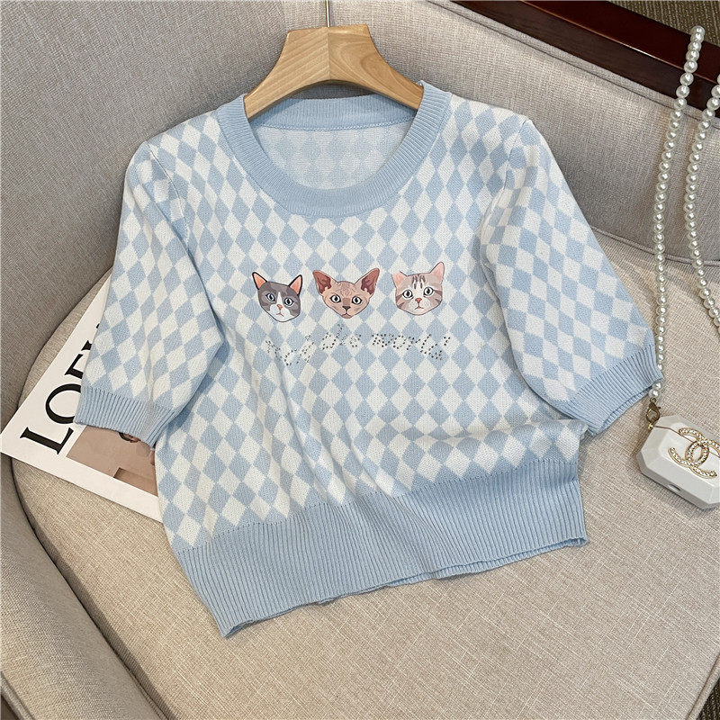 CLEARANCE PICK-UP COUNTER WITHDRAWAL WOMENS CHECKERBOARD SHORT-SLEEVED KNITWEAR DESIGN SENSE NICHE CHIC CROP TOP SUMMER