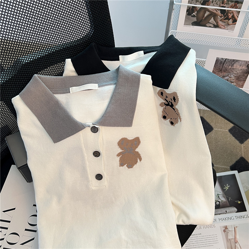 CLEARANCE PICK-UP LEAKAGE FOREIGN TRADE BIG BRAND CUT LABEL BEAR ICE SILK KNIT SWEATER WOMENS COLLEGE STYLE AGE REDUCTION THIN POLO NECK TOP