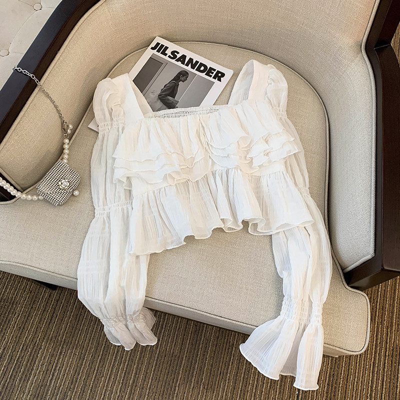 CLEARANCE PICKS UP BIG BRANDS EARLY AUTUMN FRENCH RUFFLED CHIFFON SHIRT WOMENS DESIGN SENSE NICHE CROPPED SQUARE NECK TOP