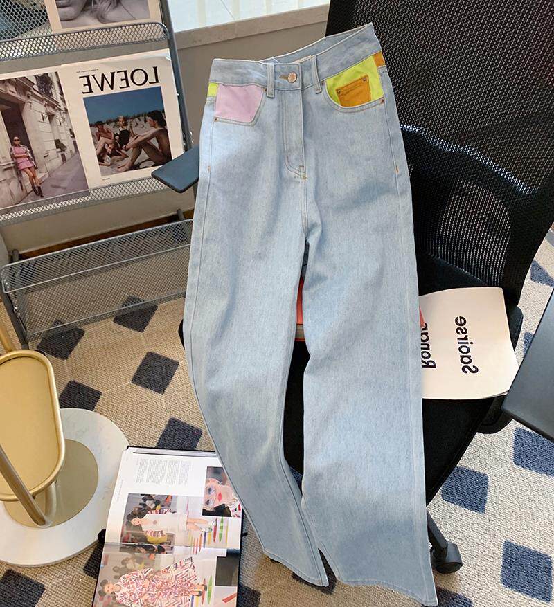CLEARANCE PICKS UP LEAKS FOREIGN TRADE FIRST-LINE BIG-NAME CUT LABEL SPLICING JEANS WOMENS SPRING AND AUTUMN HIGH-WAISTED STRAIGHT-LEG WIDE-LEG PANTS SPRING AND AUTUMN