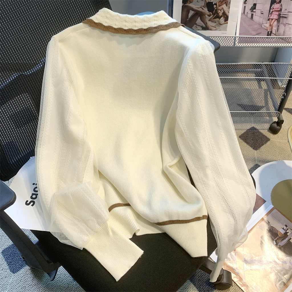 CLEARANCE AND LEAKAGE  DOLL COLLAR MESH KNIT SHIRT WOMENS DESIGN SENSE NICHE TOP FRENCH CHIC PRETTY SHIRT