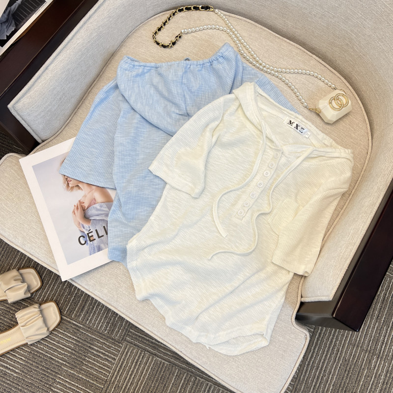 CLEARANCE PICK-UP LEAKAGE HIGH-END SENSE CHIC BEAUTIFUL HOODED T-SHIRT WOMENS SUMMER SHORT-SLEEVED IRREGULAR TOP UNIQUE CHIC SHIRT