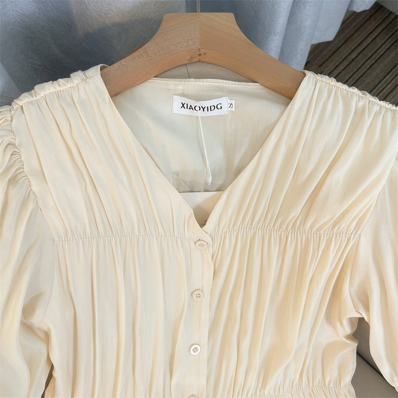 CLEARANCE PICK-UP COUNTER WITHDRAWAL WOMENS PLEATED WAIST PUFF SLEEVE SHIRT DESIGN SENSE CHIC BEAUTIFUL CHIFFON SHIRT