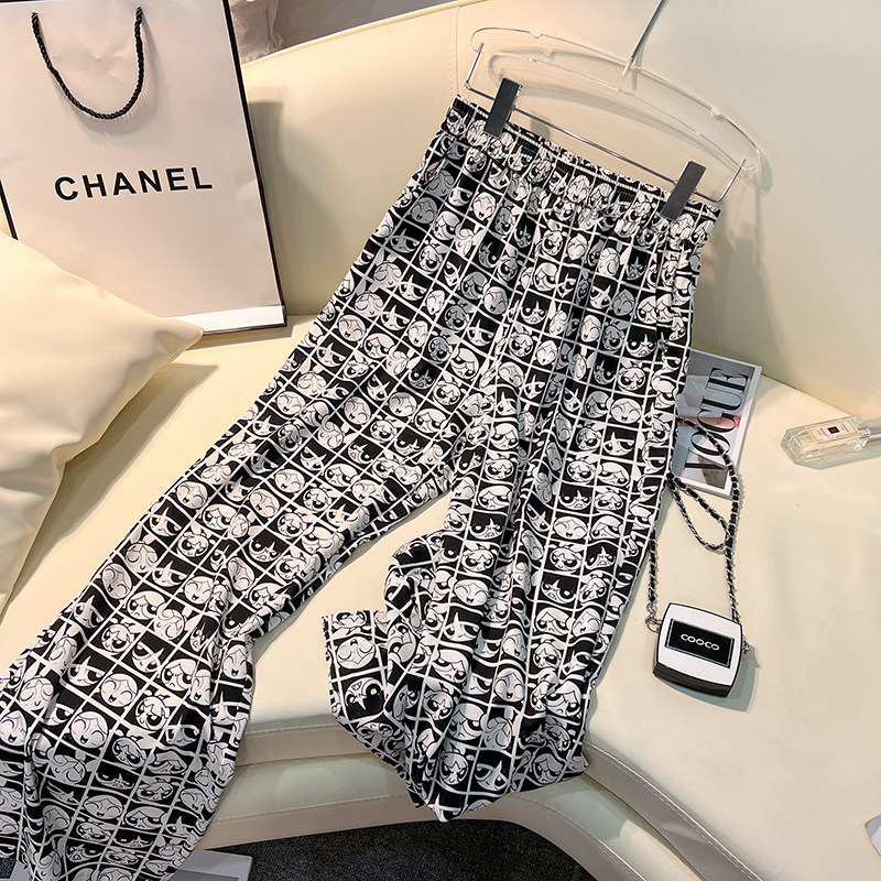 CLEARANCE PICKS UP BIG-NAME CARTOON PRINT WIDE-LEG PANTS WOMENS SUMMER THIN HIGH-WAISTED SLIM CHECKERBOARD CASUAL STRAIGHT-LEG PANTS