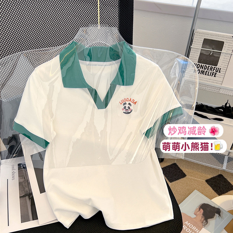 CLEARANCE PICK-UP COUNTER WITHDRAWAL WOMENS POLO COLLAR EMBROIDERY SHORT-SLEEVED T-SHIRT DESIGN SENSE NICHE UNIQUE CHIC TOP
