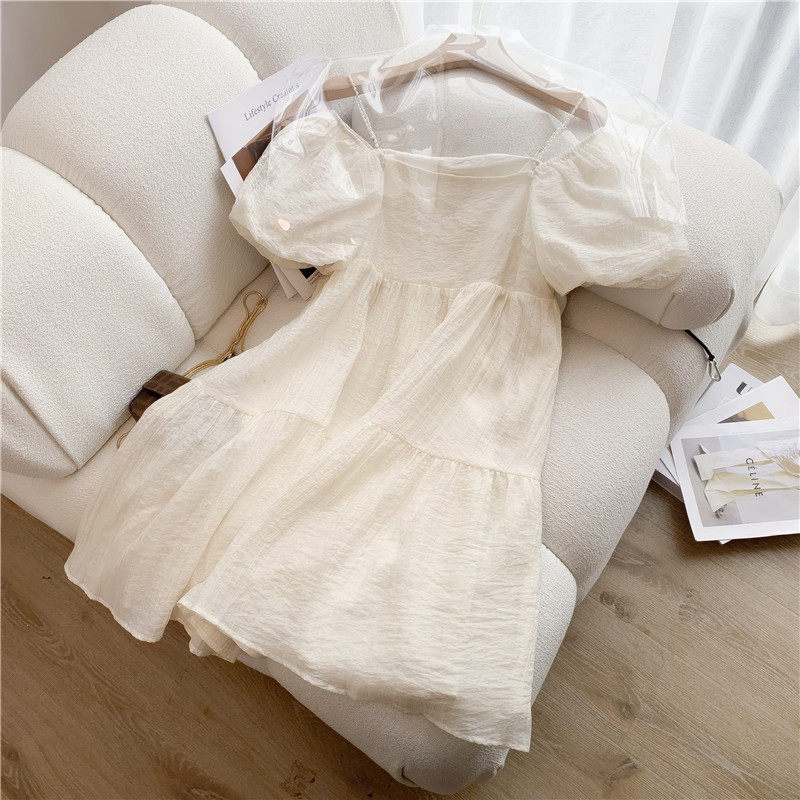 CLEARANCE PICK-UP LEAKAGE COUNTER WITHDRAWAL FOREIGN TRADE WOMENS CLOTHING BIG BRAND SQUARE NECK PUFF SLEEVE SMALL MAN ONE-SHOULDER SUSPENDER DRESS