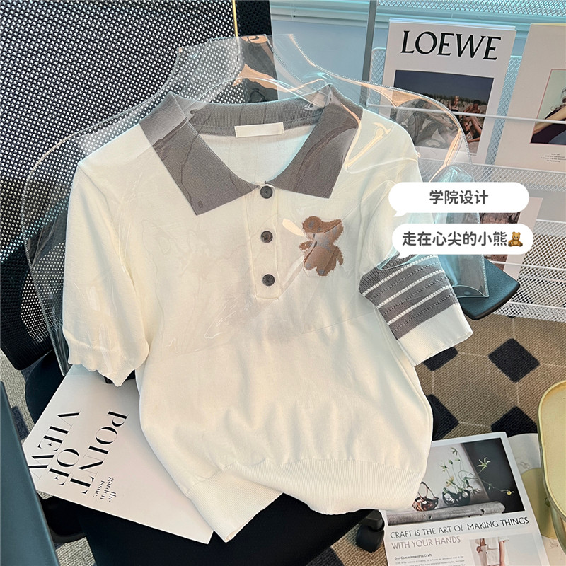 CLEARANCE PICK-UP LEAKAGE FOREIGN TRADE BIG BRAND CUT LABEL BEAR ICE SILK KNIT SWEATER WOMENS COLLEGE STYLE AGE REDUCTION THIN POLO NECK TOP