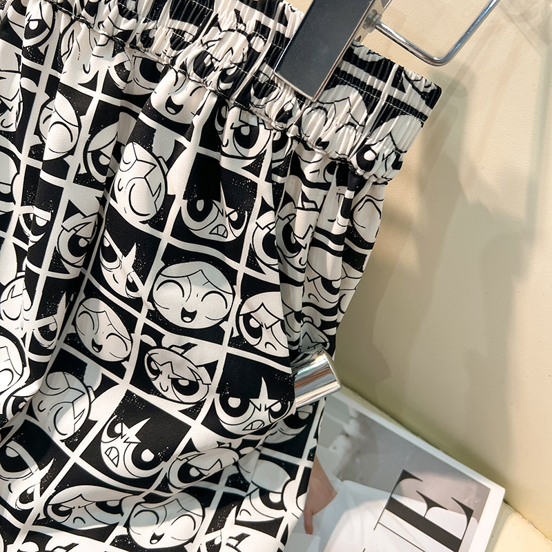 CLEARANCE PICKS UP BIG-NAME CARTOON PRINT WIDE-LEG PANTS WOMENS SUMMER THIN HIGH-WAISTED SLIM CHECKERBOARD CASUAL STRAIGHT-LEG PANTS