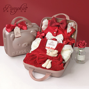 婴儿礼盒红色喜庆小公主秋冬季 加厚加绒款 满月百天周岁宝宝送礼物