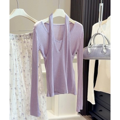 纯欲假两件挂脖v领针织衫女春季2026新款显瘦内搭毛衣巨好看上衣