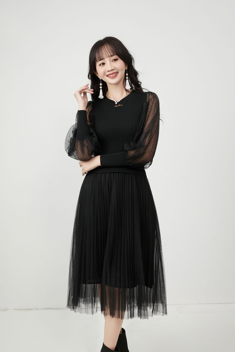 2026新款温柔风网纱裙子套头长袖连衣裙女2025春黑色连衣裙女款